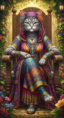 Obraz premium Enchanting Cat Queen on Throne in Floral Fantasy Garden