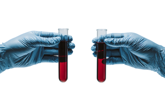 Two hands in blue gloves hold test tubes with red liquid.