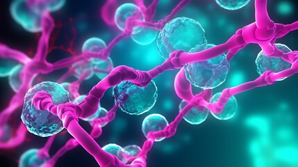 A realistic, close-up 3D illustration of a DNA molecule, floating protein clusters forming bonds around the helix, deep magenta and cyan color gradients in the background.