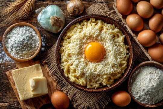Wooden table with kaese spaetzle, german cheese noodles, butter, flour, brown eggs. Concept of culinary preparation with kaese spaetzle and rustic styling.