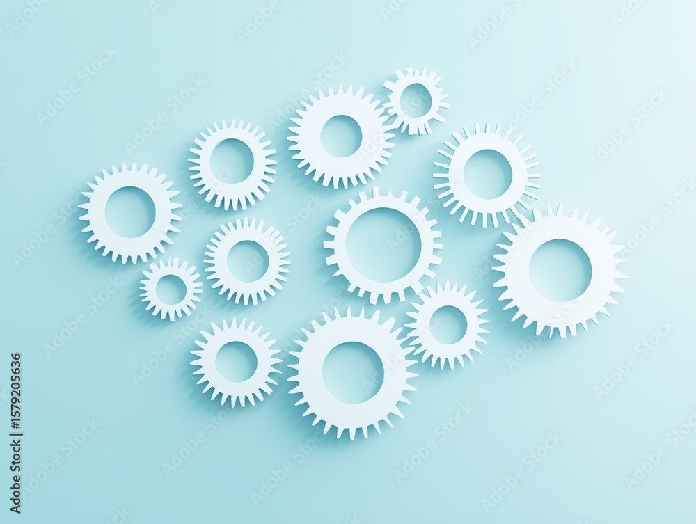 Poster business process gears concept. gears arranged on a light background, representing mechanics and eng