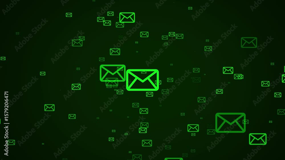 Poster email letter icon particles loop animation background.e-mail concept with green screen, letter, anim