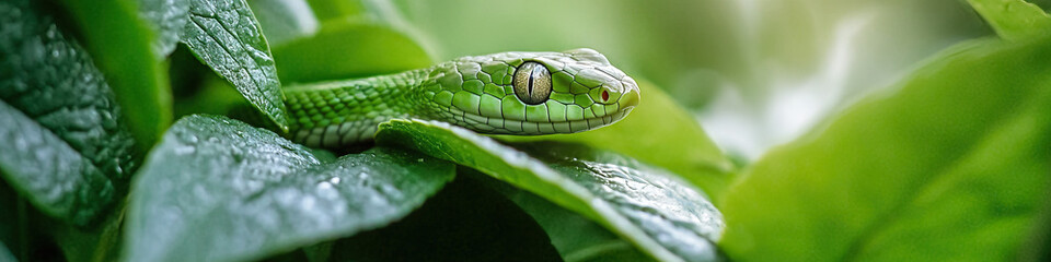 Obraz premium Green Snake on Green Leaves