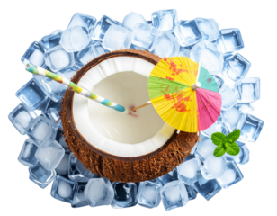 Top-Down View of Coconut Drink with Umbrella and Curved Straw – Transparent PNG Cutout