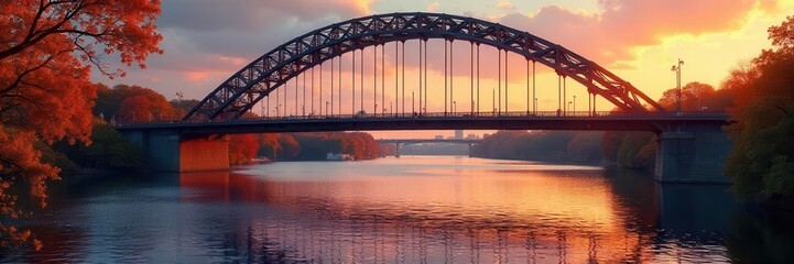 Obraz premium Crisp October air, Charles River Bridge glowing in late afternoon sun Vibrant colors , beautiful, scenic, leaves