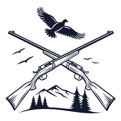 Two crossed hunting rifles sit below a bird flying near mountain landscape illustration