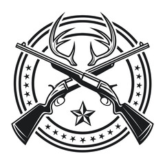 Two rifles are crossed over antlers and a star within a circle of stars