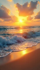 Golden sunrise paints tranquil ocean, soft sand , quiet, travel
