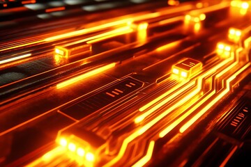 Futuristic glowing circuit board with orange lights for technology and innovation designs