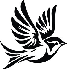 Bird Vector Tribal Style Flying Sparrow Illustration, Ornamental Black and White Flying Illustration
