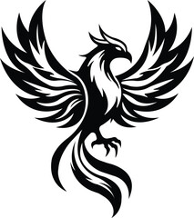 Phoenix Vector Tribal Style Illustration with Spread Wings and Flame Tail, Phoenix Vector Mythical Bird Silhouette in Bold Black Design