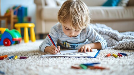 Child Drawing on Carpet with Colored Pencils