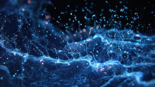 A neural stem cell dividing in midnight-blue tissue, resembling celestial star formation.