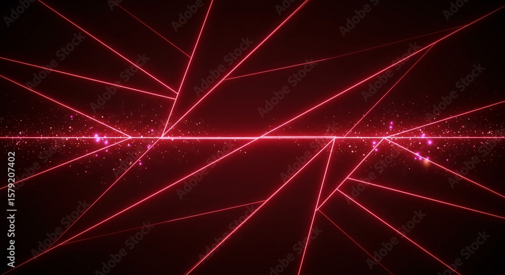 Poster abstract red laser beams intersecting on a dark background with sparkling light particles effect