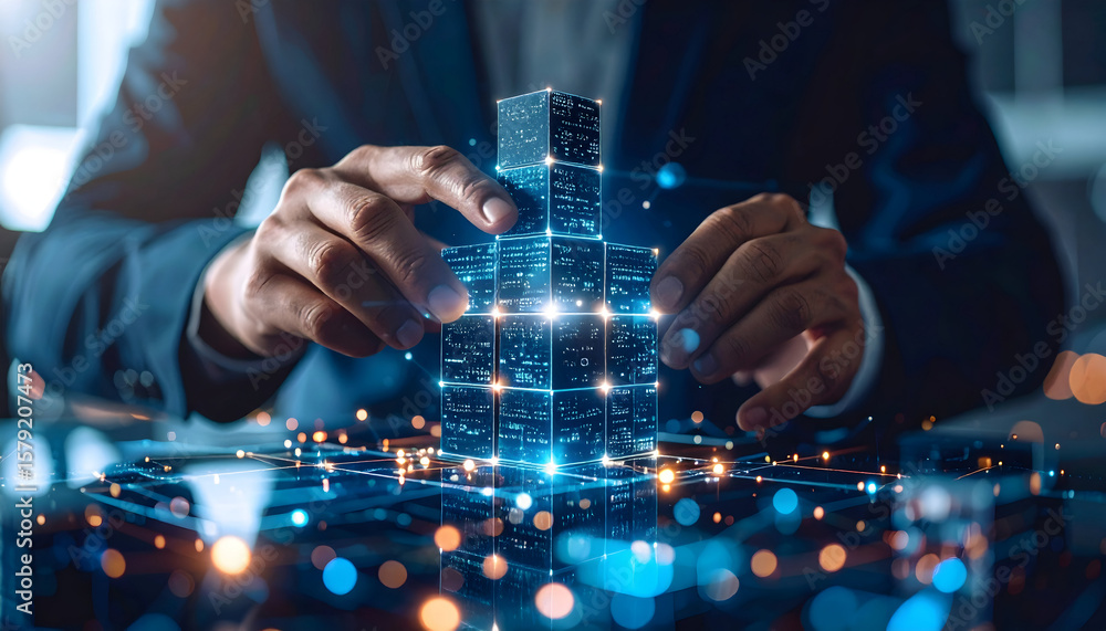 Aufkleber human hands interact with glowing digital blocks, symbolizing data connection and future innovation