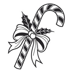 An isolated candy cane with ribbon and holly displays a simple Christmas cheer