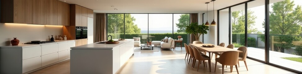 Fototapeta premium Sleek minimalist kitchen opens to sunlit living area & terrace , open plan, appliances, plants