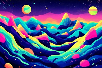 Vivid dreamscape illustration featuring colorful mountains, planets and starry night, vibrant and surreal