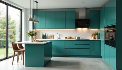 Sleek teal kitchen cabinets, quartz counters, stainless appliances, geometric, cabinetry, quartz countertops