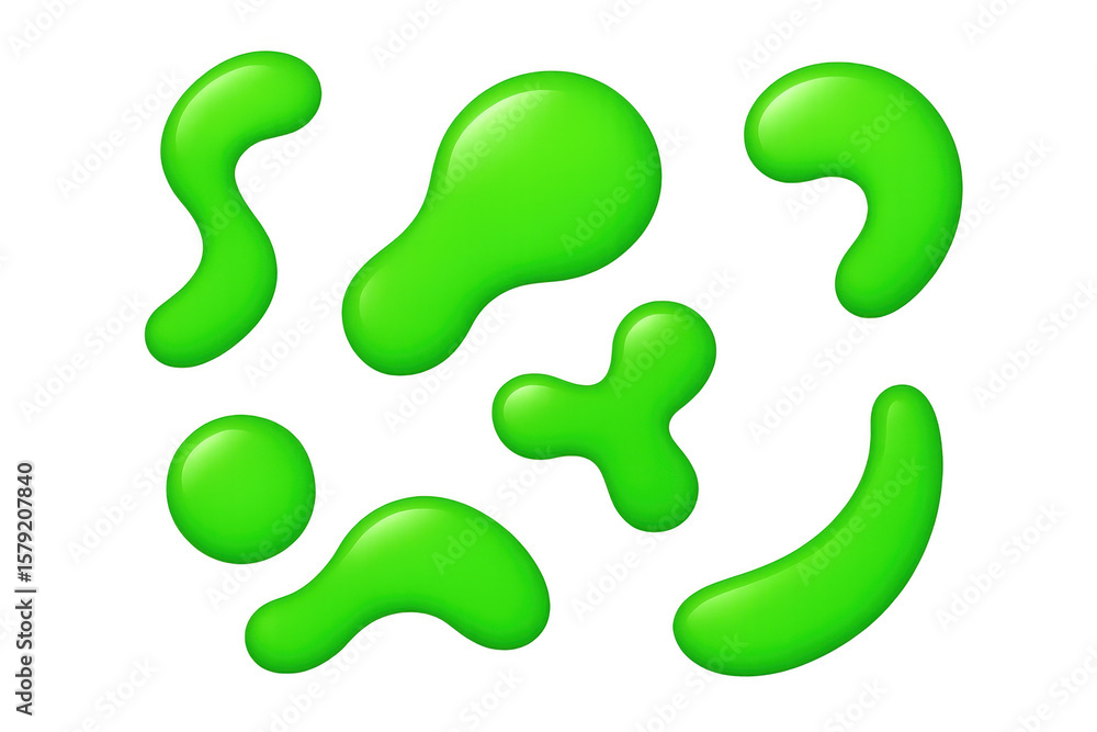 Poster green liquid drops of various shapes are creating a visually appealing abstract design on a transpar