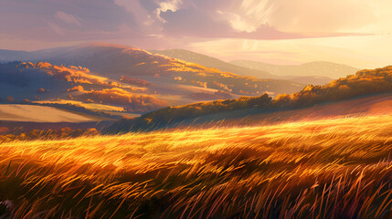 Fototapeta premium Golden field in front of rolling hills at sunset with orange and pink sky in the background art painting .