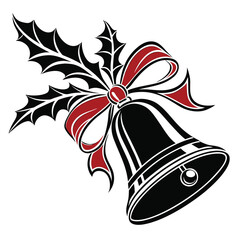 Black bell with red ribbon and holly leaves create a festive holiday image