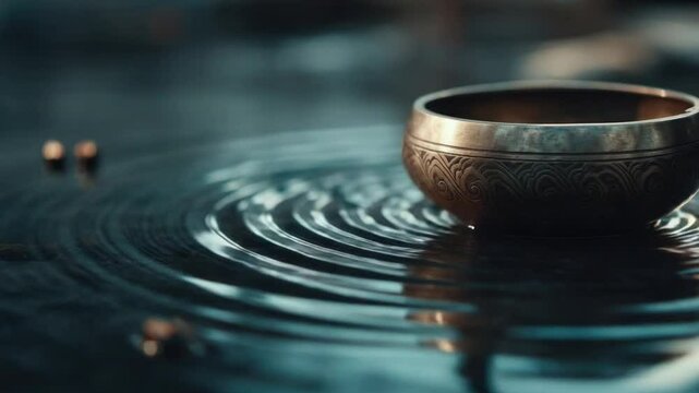 Metal Tibetan singing bowl resting on rippling water surface with gentle reflections and small copper bells in the background, creating a serene and