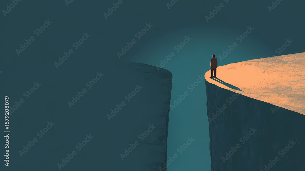Wall mural minimal human figure standing before dark vector pit with deep negative space
