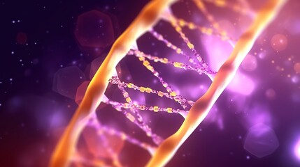 A soft-lit 3D illustration of a DNA helix with complex particle interactions, warm orange and violet color tones, the background filled with a fog of microscopic particles.