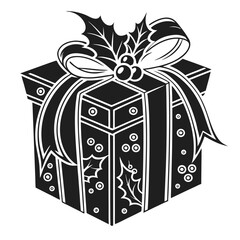 Black gift box adorned with ribbon and holly leaves evokes a festive holiday mood