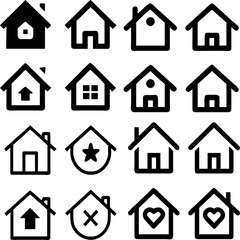 Home icon set featuring modern flat, outline, and solid styles. Clean vector design for digital use.