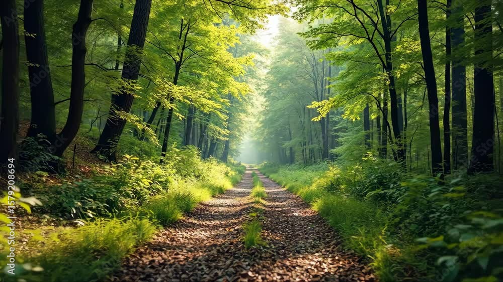 Poster forest path with a road running through it. the road is surrounded by trees and the sunlight is shin
