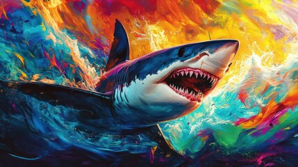 Vivid depiction of a shark swimming through psychedelic ocean waterscape