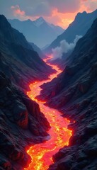 Lava river surges downhill, incandescent rock obliterates landscape , geology, intense