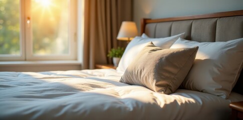 Obraz premium Luxurious pillow on a neatly made bed, sun streaming through window, relaxation, beige, texture