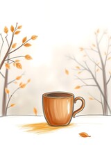 Autumnal warmth: A cup of coffee amidst falling leaves and bare trees