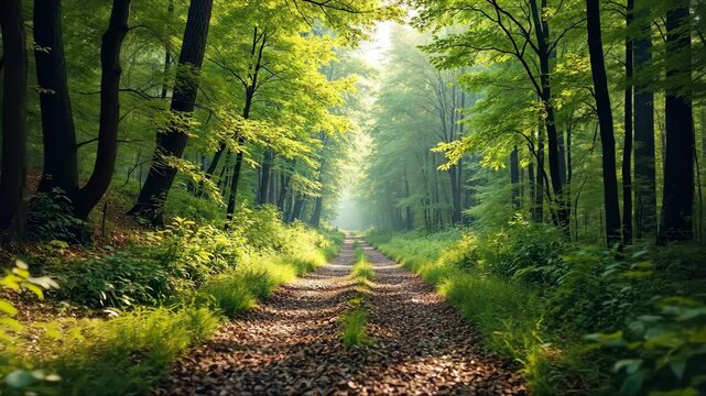 Forest path with a road running through it. The road is surrounded by trees and the sunlight is shining through the leaves
