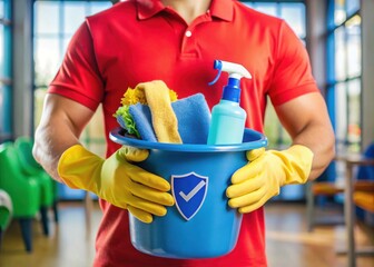 Professional cleaner in yellow gloves holding a blue bucket with cleaning supplies