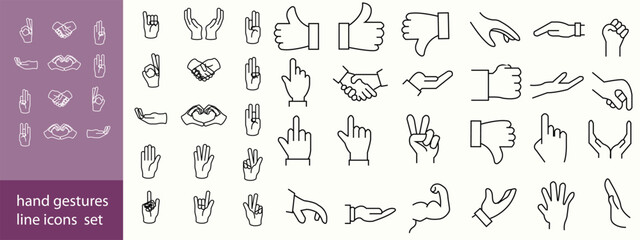Business Hands Line Editable Icons set. Vector illustration in modern thin line style of different hand gestures: like, dislike, handshake, teamwork, perfect, and more.