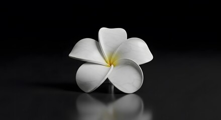 Fototapeta premium Elegant White Frangipani Blossom on Reflective Black Surface, Serene Plumeria Flower Against Dark Background for Minimalist Design