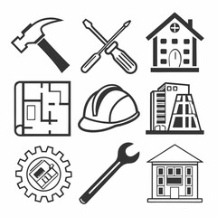 Construction and renovation icons including tools buildings plans and safety gear