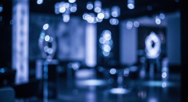 Blurred abstract background with cool blue and violet bokeh lights in an upscale interior