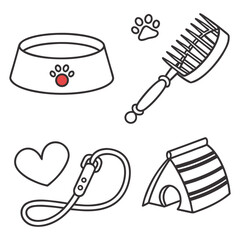 Collection of pet care items including a food bowl comb leash and dog house