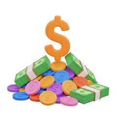 Vibrant pile of colorful coins and stacks of cash with large orange dollar sign on top, symbolizing wealth and financial success isolated on transparent background