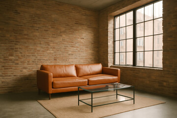 Stylish Leather Sofa with Glass Coffee Table and Industrial Brick Wall in Modern Living Room