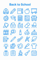 Obraz premium Back-to-school themed collection of simple blue line icons depicting educational supplies, tools, and school-related objects.