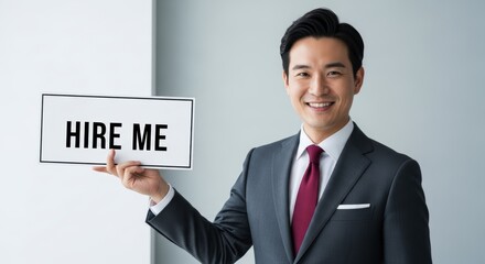 A smiling asian businessman in a suit holds a HIRE ME sign, seeking employment.