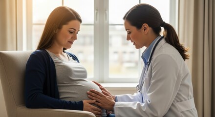 Pregnant woman receiving prenatal care from a female doctor during a check up