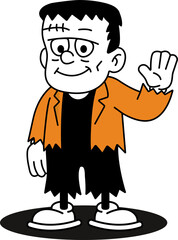 Frankenstein's Monster Character Waving. Groovy Frankenstein's  character. Halloween retro character.