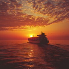 Obraz premium Tranquil Sunset Over Ocean with Cargo Ship Silhouette at Dusk
